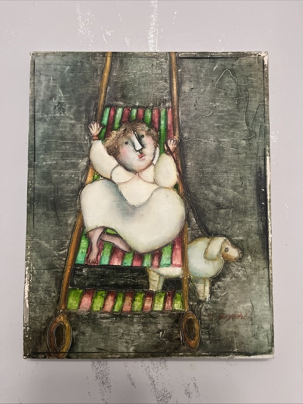 J. Royal white dog child baby stroller oil painting 10×8