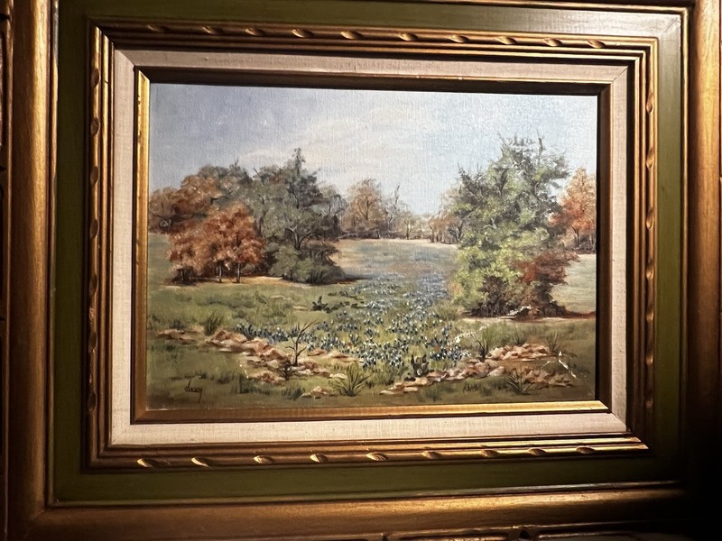 Original Bluebonnet Oil Painting – Vintage Framed Texas Landscape Signed”Cherry”