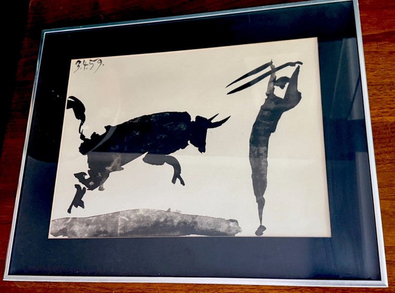 Vintage Minimalist Ink Brush Painting Bull Figure Framed Mid Century Modern Art