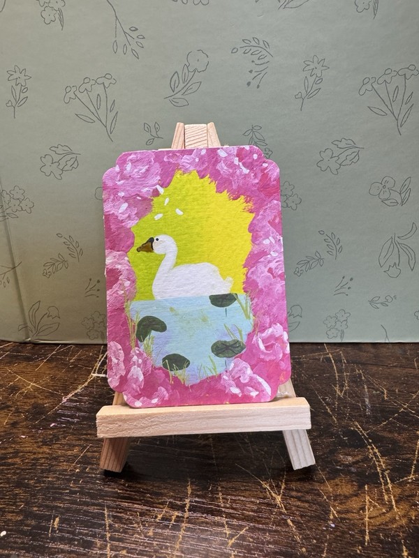 Swan Pond Pink Aceo Original Miniature Painting Art Card Acrylic OOAK Signed