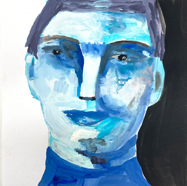 Original Portrait Painting 8×8 Expressive Quirky Blue Man Naive Outsider Art