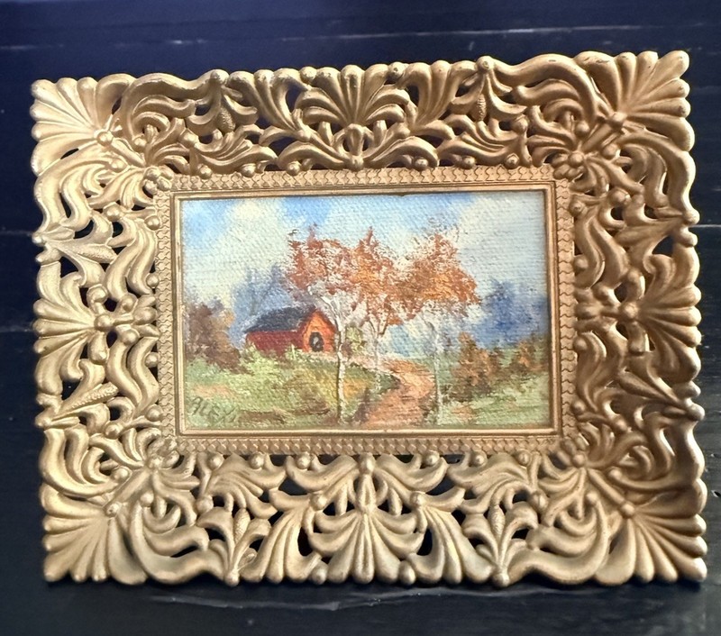ANTIQUE VINTAGE SIGNED ALEXIS OIL LANDSCAPE 2 1/4” X 3 1/2”