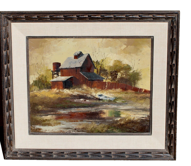 E. Mason Gregory Landscape with Barn, Silo, Docked Rowboat by a Pond 1973 oil