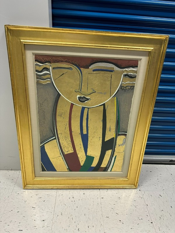 20th Century Orlando Agudelo Botero Acrylic Painting With Gold Foil and Frame