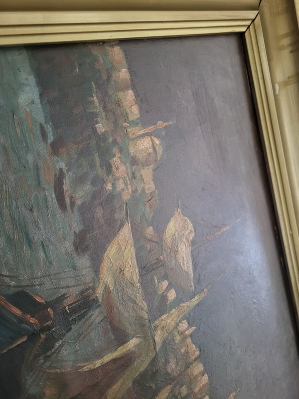 Oil Painting 1930 Mystery Signed Nautical Marina Boats Coastal Dark READ gallery