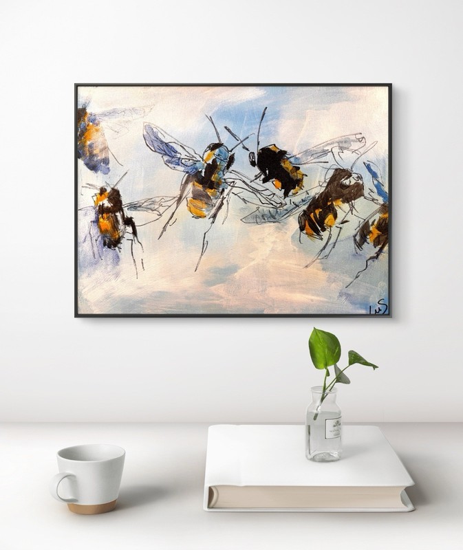 Original Abstract Expressionism 12x16 Bumble Bees Handmade Signed Art 229 gallery