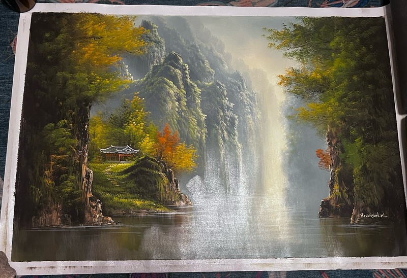 Vintage Autumn Mountain Lake Landscape Original Oil on Canvas Robinson K