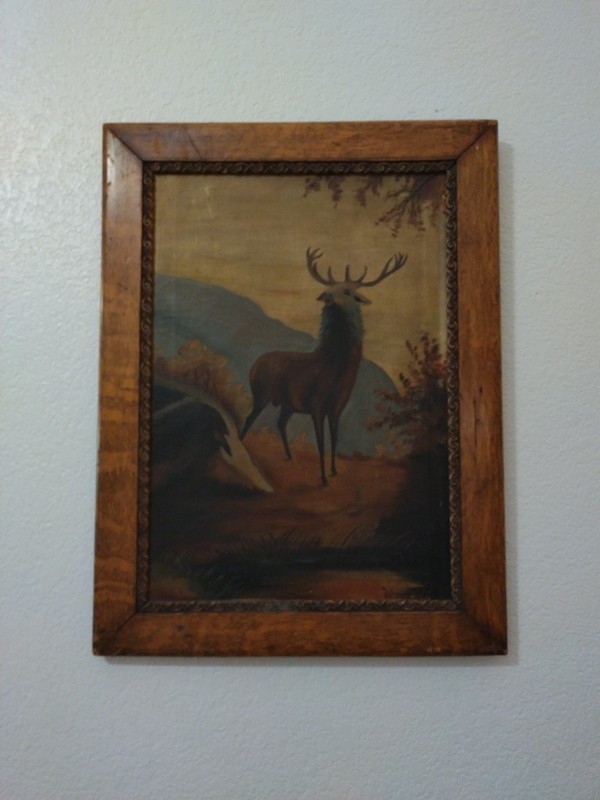 Antique 1800s Oil Painting Stag in Landscape Folk Art Monarch of the Glen Style
