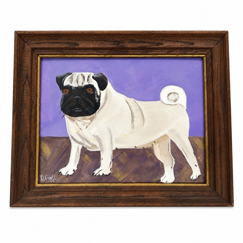 Vintage Original Pug Dog Oil Painting Signed D. Conti 2005 Framed 14”x17” Art