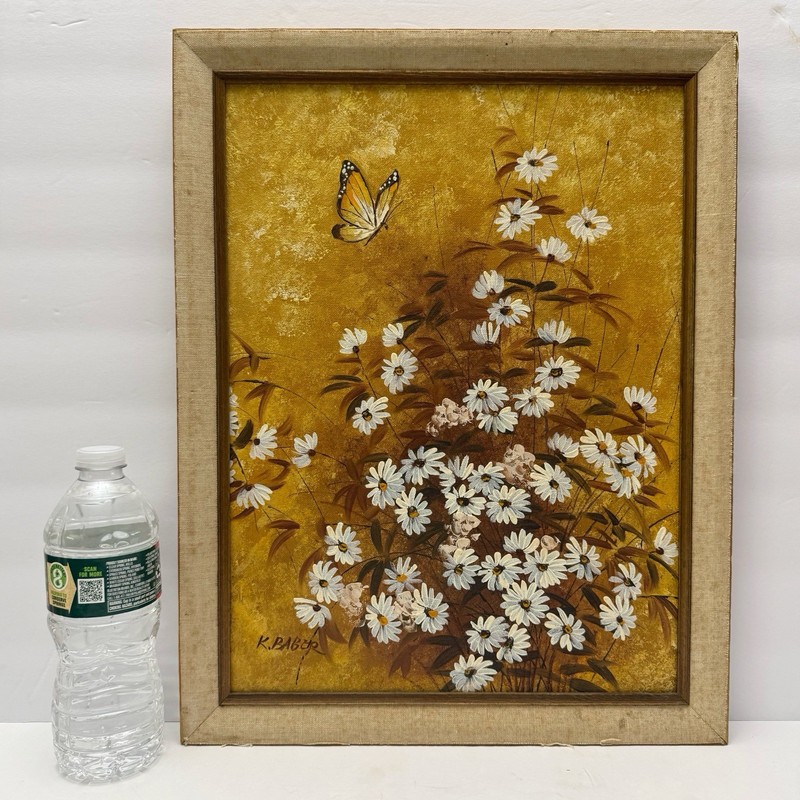 Vintage Original Signed Daisy Flowers Daisies Butterfly Painting Framed 12x16 gallery