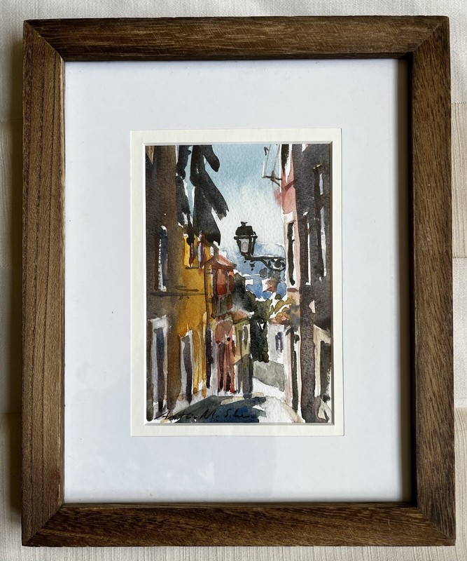 1990s Portuguese Watercolor of Street Scene by Anontio M. Silva, Framed