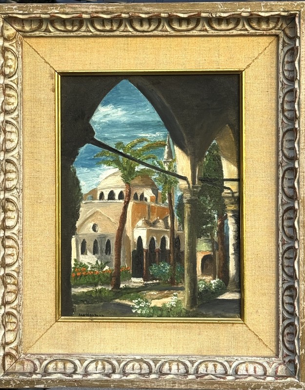 VTG 1960’s Origin Textured O/C «Temple In Garden» Signed Ian Herman (?), Framed!