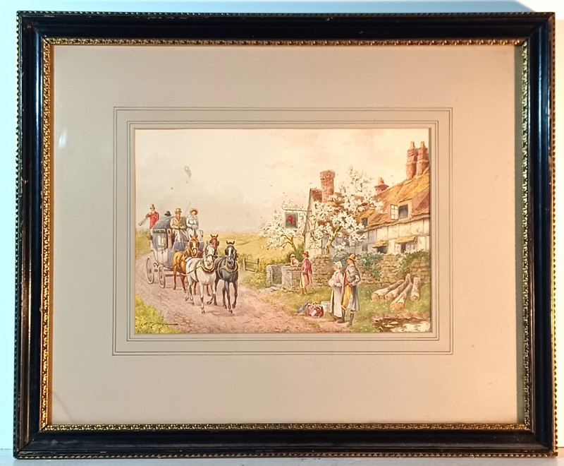 1850 LISTED ENGLISH HENRY MURRAY SIGNED ORIG WATERCOLOR CARRIAGE NEARS VILLAGE