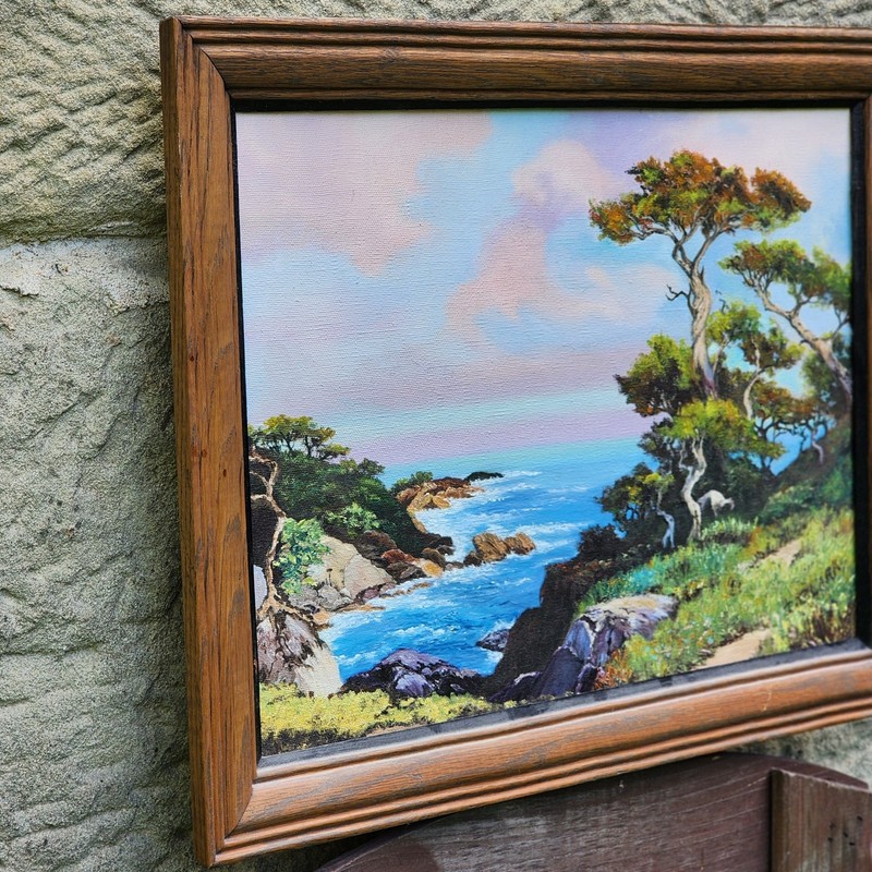 Vtg Acrylic on Canvas Painting Ocean View Framed Artist Signed Trees Water Pink gallery