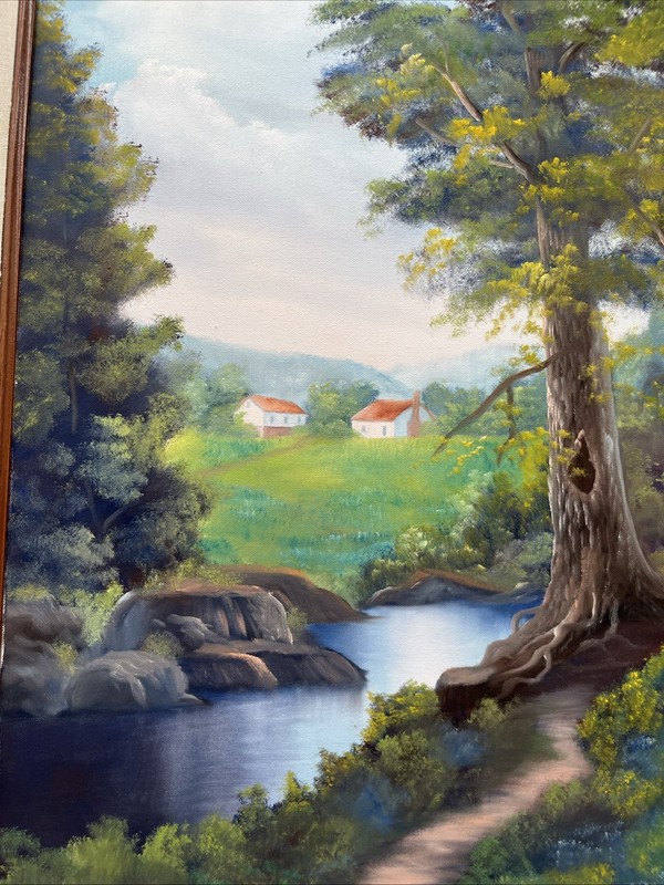 VTG FRAMED OIL ON CANVAS PAINTING Wooded Countryside River Scene Bob Ross Style gallery