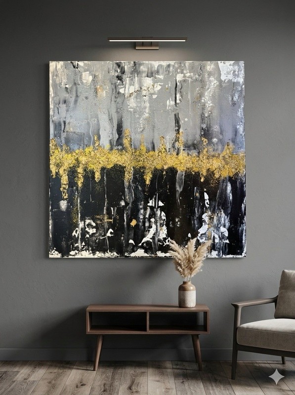 Original 30×30 Abstract Canvas Painting – Gold Foil & Textured Acrylic Art