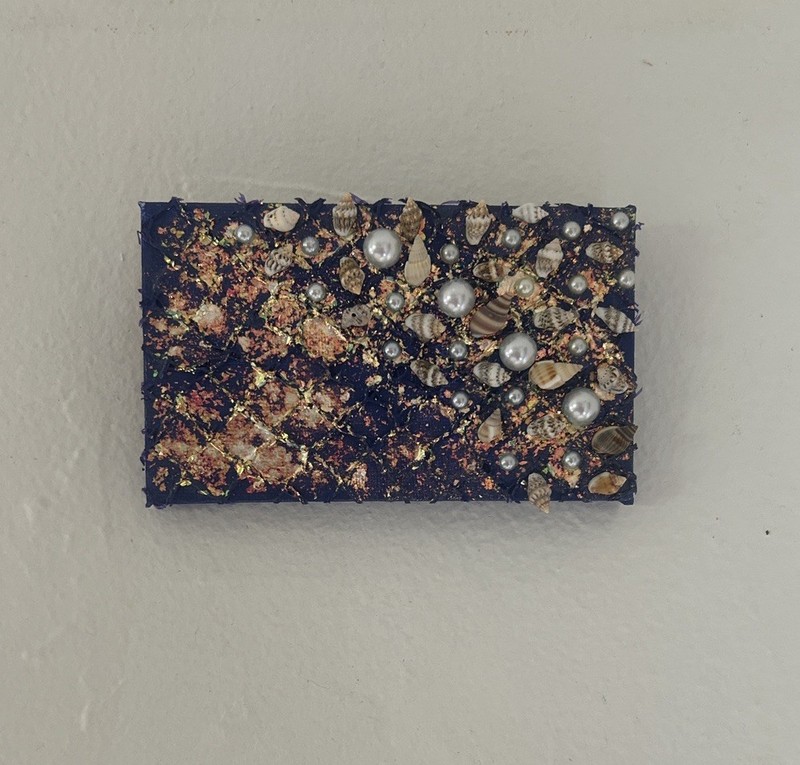 Blue Mermaidcore Mini Hand Painted Canvas Painting Seashells & Pearls Art