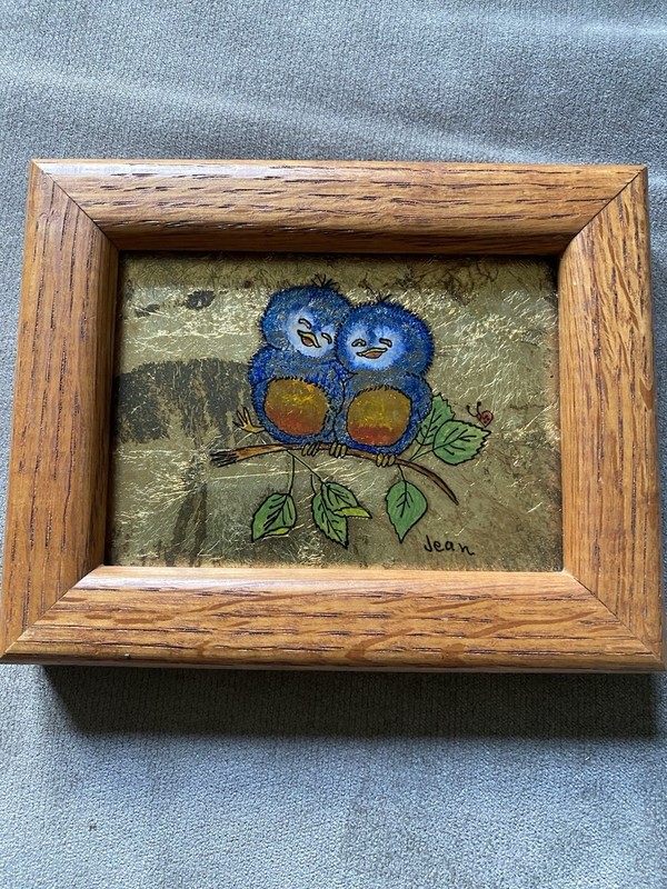 Vintage Mid Century Jean Perlmutter Gold Leaf Miniature Painting Bluebirds 5×4”