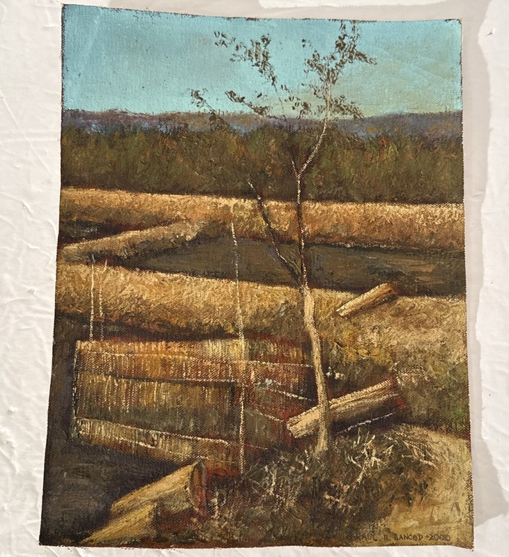 Vintage Original Signed Oil Painting Rural Landscape Golden Fields-11.5”x8 7/8”
