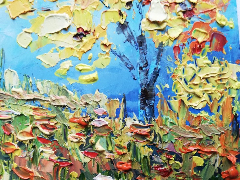Autumn Birches Forest Landscape Original Oil Painting. No Frame. 13х18 cm gallery