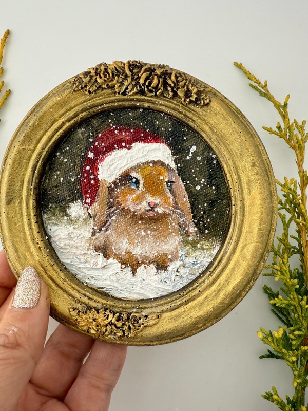 Small oil painting | Vintage Christmas Bunny | Round ribbon frame | unique gift gallery