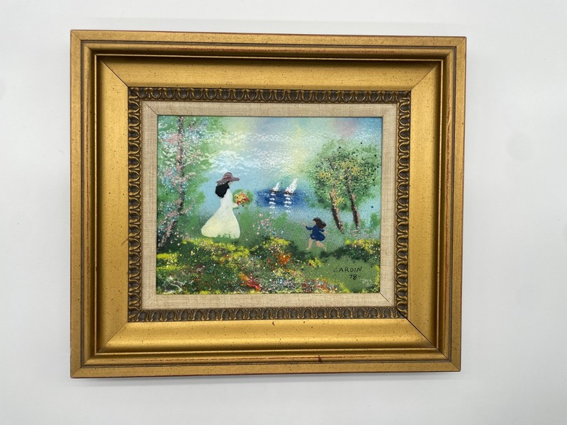 Louis Cardin enamel on copper painting titled «Children by the pond.»titled Shar
