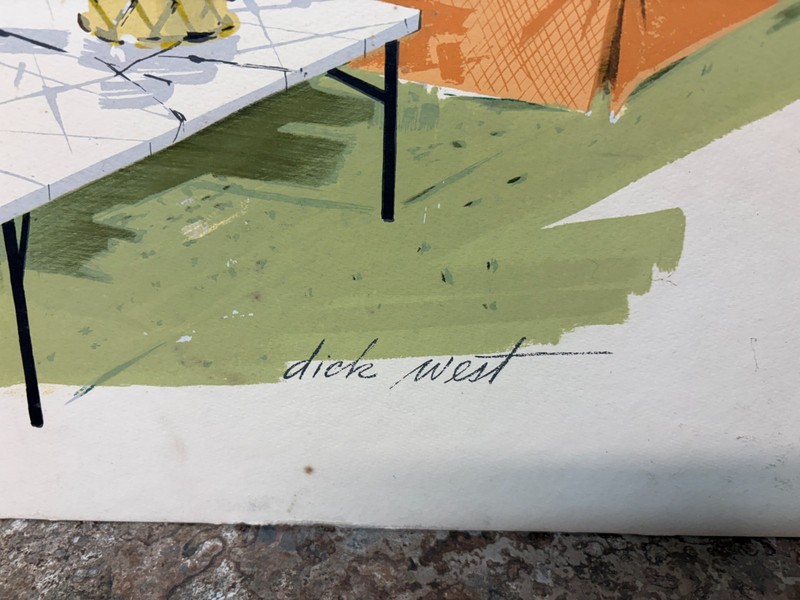 MCM Gouache Painting Rendering Board Signed Dick West Ad Interior Design gallery