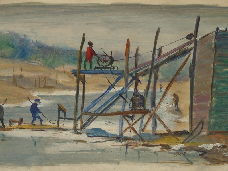 Workers at a Fish Factory/Processing Plant Oil Painting-Circa 1940s-Louis Bosa gallery