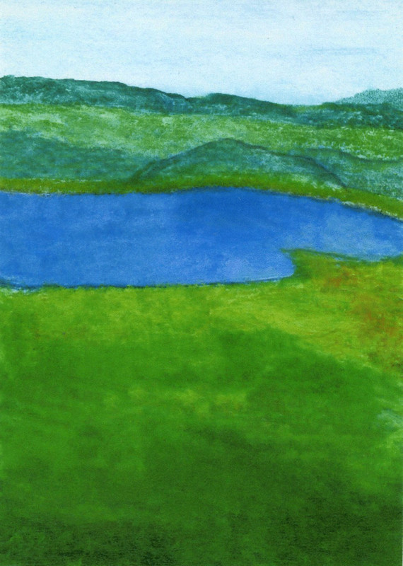 ACEO PRINT of Original Painting Landscape hills water green collectible gift