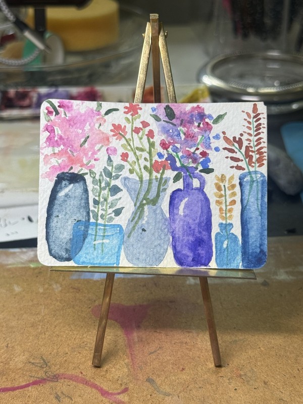 ACEO Original Watercolor Painting Navy Lavender Jewel Vases Cottagecore Art #8