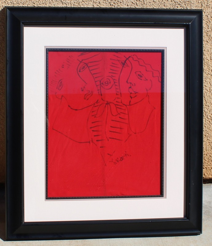 YURI YUROZ Two Figures with a Flower 1994 ORIGINAL DRAWING on Stitched Red Silk gallery