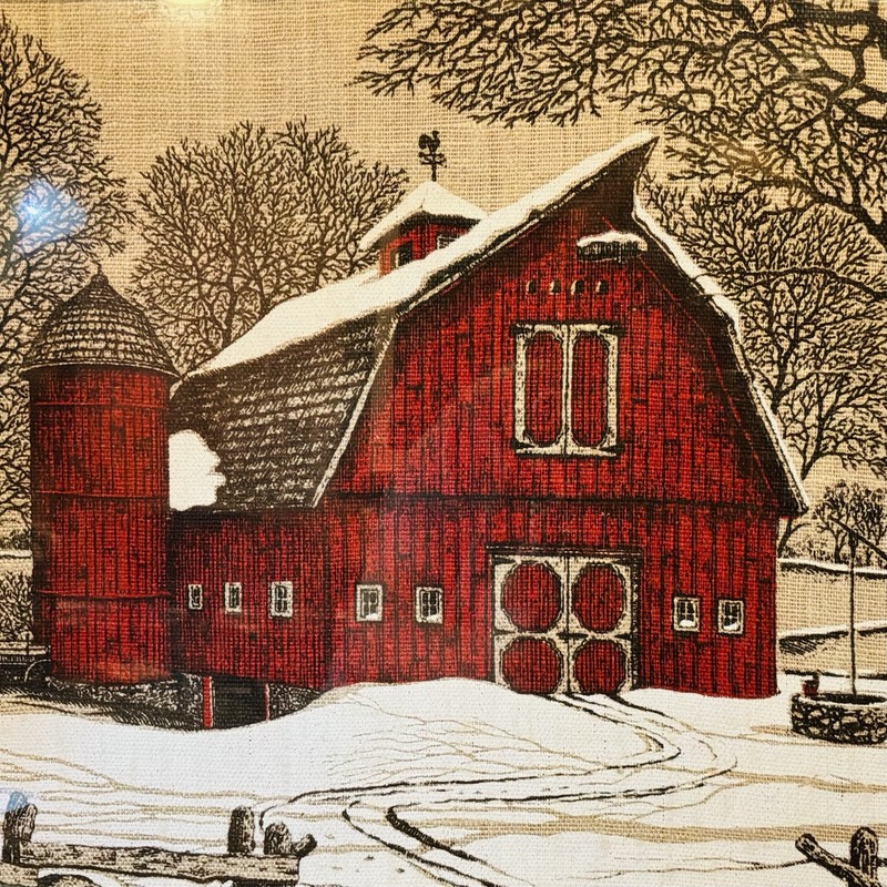 VTG Kay Dee Hand Painted On Linen Framed Snowy Red Barn Farmhouse Country 16x13” gallery