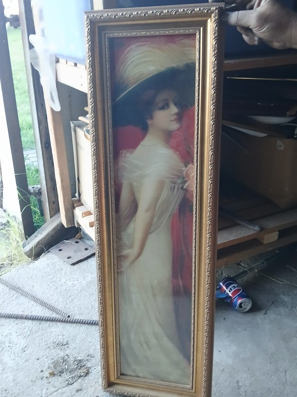 Framed Large Portrait Painting of Woman in White Dress, Ornate Gold Frame