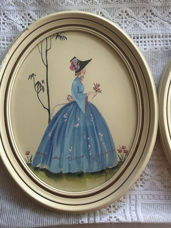 Vintage HANDPAINTED Lady Flowers VICTORIAN PORTRAIT Art Set SIGNED JEAN gallery