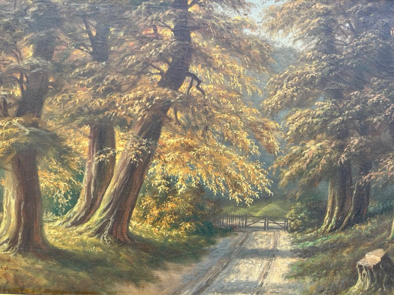 Impressionist Sunny Forest Landscape Book At Wayside Oil Painting Antique gallery