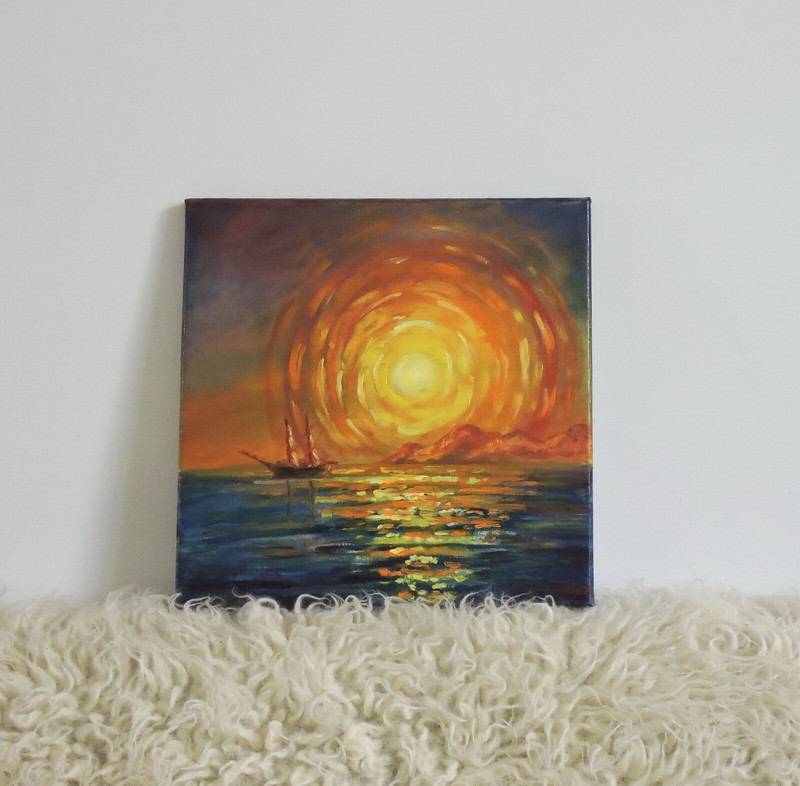 Original small oil painting Sunset at the Sea, ancient sailing ship, sea, sun, gallery