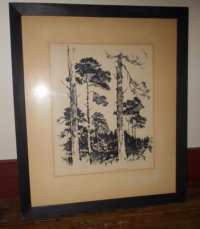 VINTAGE FRAMED 24 1/2″ x 21″WATERCOLOR PAINTING OF OLD TREES BY R. ANDERSON