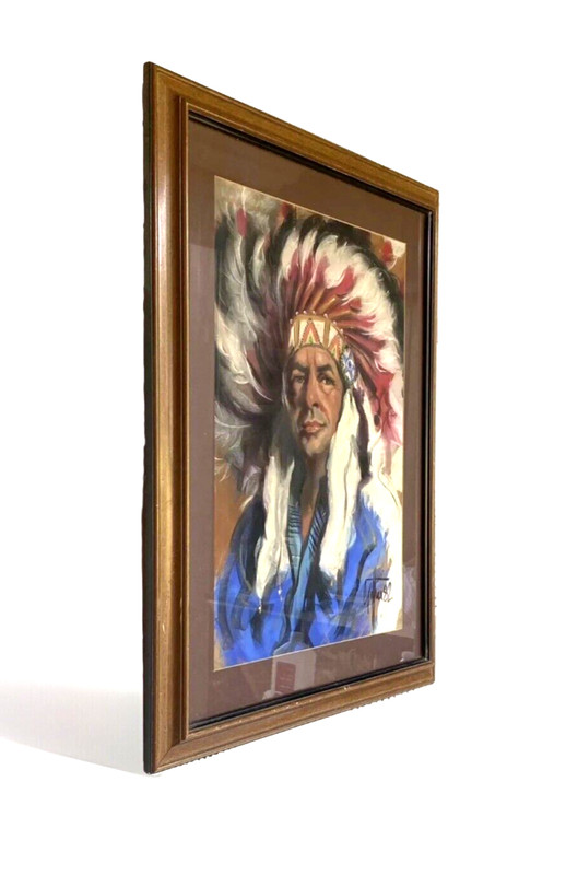 Orig. Pastel Painting, Native American Chief in a Feathered Headdress 31"x25" gallery