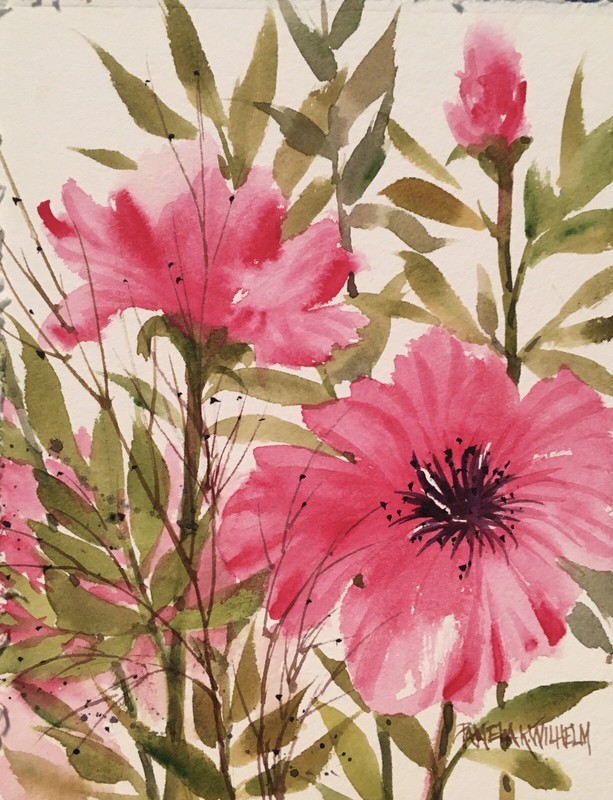 5.5”X7” Original Pamela Wilhelm Fun Tropical Wild Hot Pink Olive Green Floral