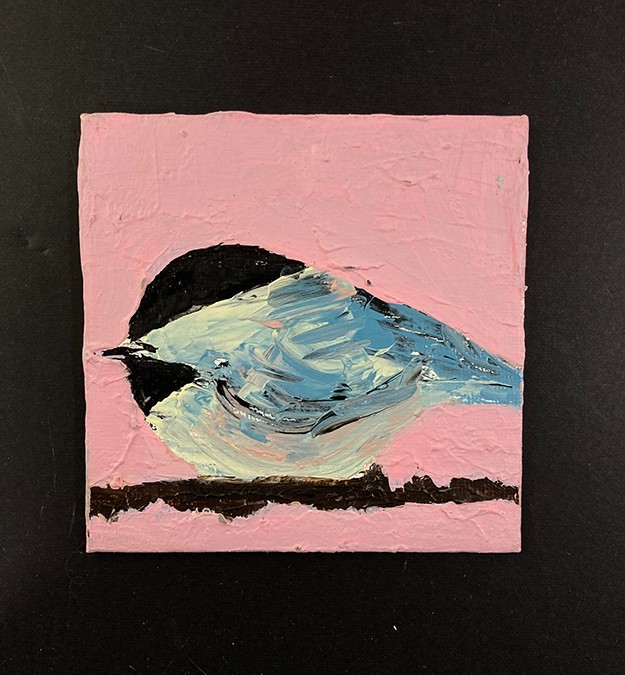 Chickadee Bird Painting Original Pink Acrylic 4×4 Mini Songbird Animal Wall Art
