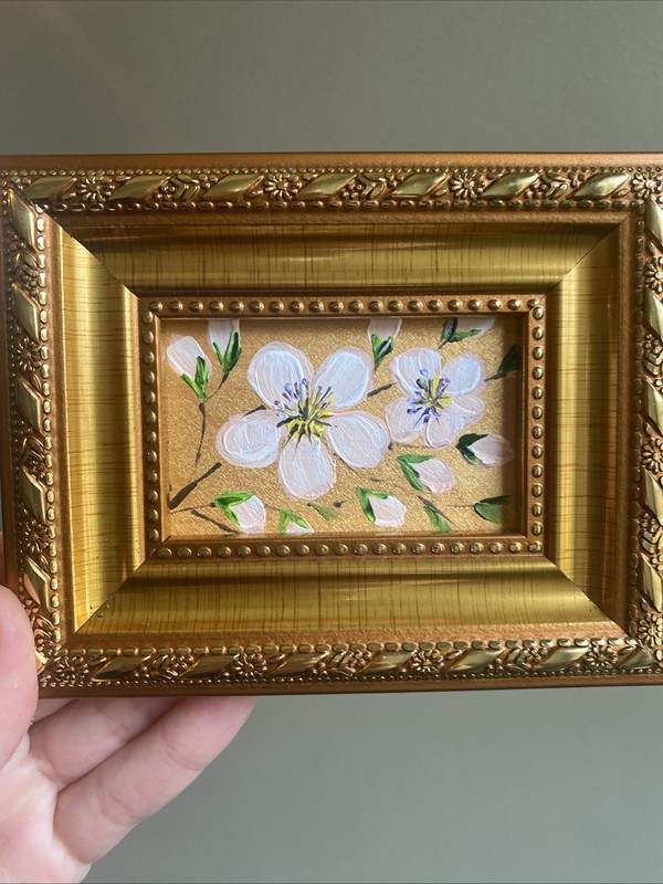 Blossom Tree Flowers Original Painting framed,gold,miniature,small,mini Wall Art