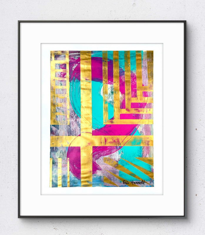 Original Gold Art 14x11 Paper Bold Color Abstract Modern Expressionist Painting