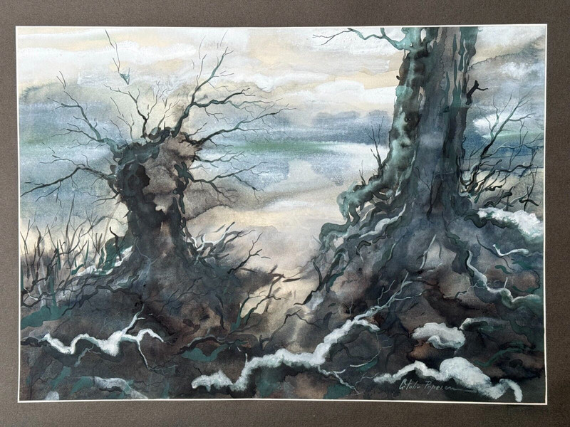 Catalin Popescu Signed Original Painting Surreal Tree Landscape Trees Cloud Mist
