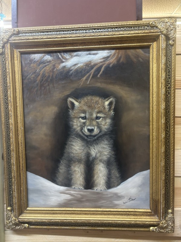 Hand Painted Baby Wolf Picture Framed 21 1/4” Wide 25 1/5 Tall Including Frame