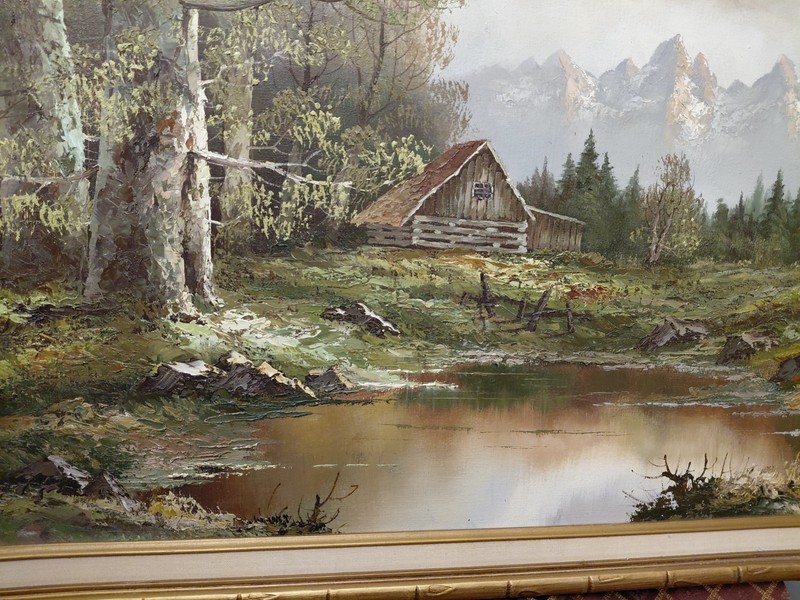 Original Cabin Oil Painting signed by D Ward,Framed in Faux Bamboo Frame 39"x26" gallery