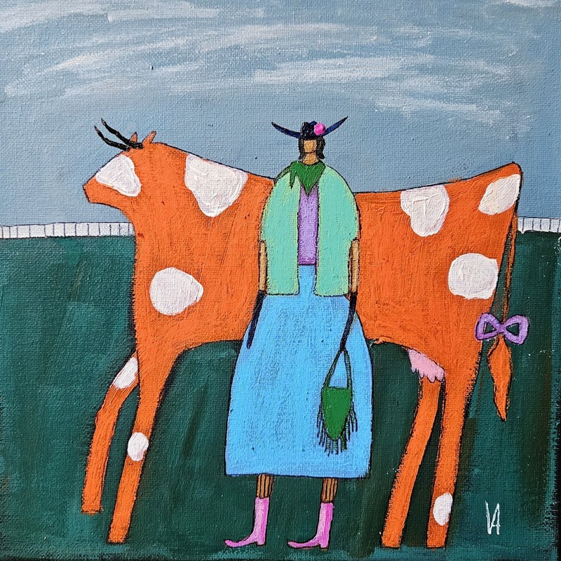Folk Painting Original Woman Cow Portrait Cowboy Cowgirl Whimsical 10×10 Art
