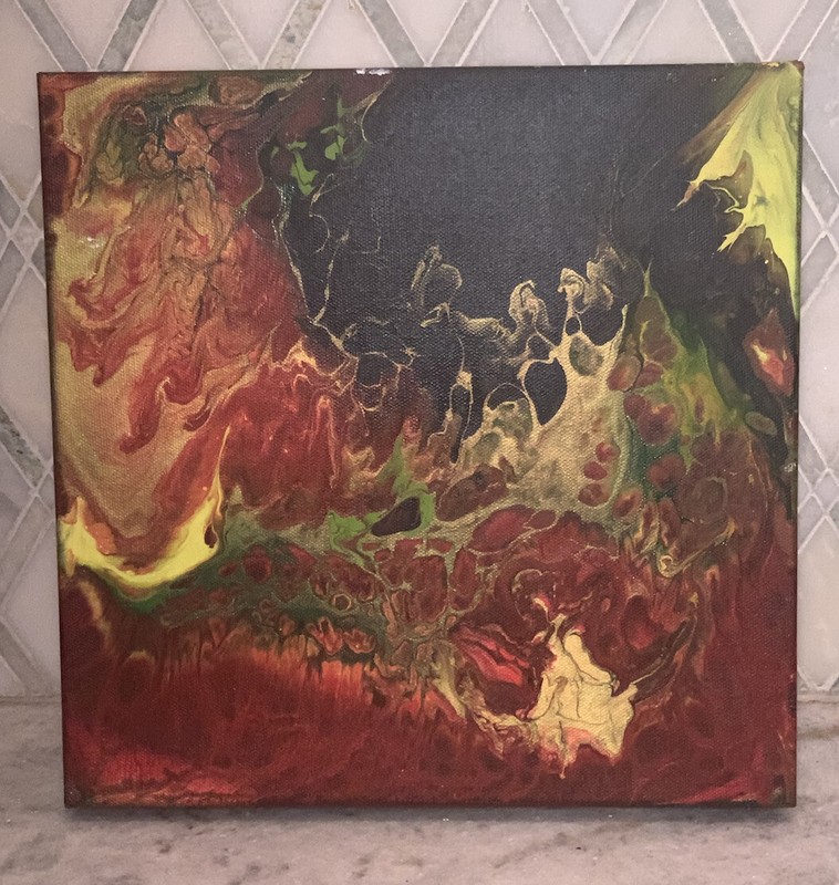 Contemporary Abstract Canvas Painting Red yellow Green Metallic Unsigned 12” Sq