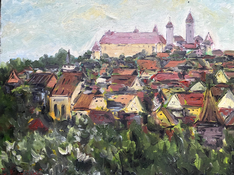 :OIL PAINTING CASTLE HARBURG SWABIA GIANT ° SIGNED KAMINSTKY ANTIQUE MEDIEVAL gallery