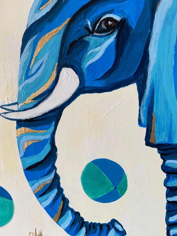 Blue elephant with balls, original acrylic painting gold leaf cardboard signed gallery