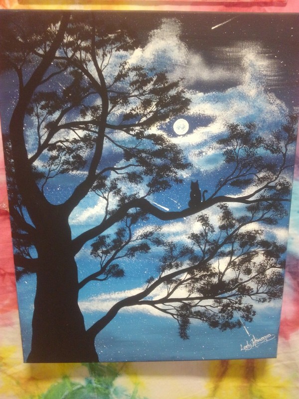 Original hand-painted acrylic Cat In Tree painting on canvas 16 by 20 inches